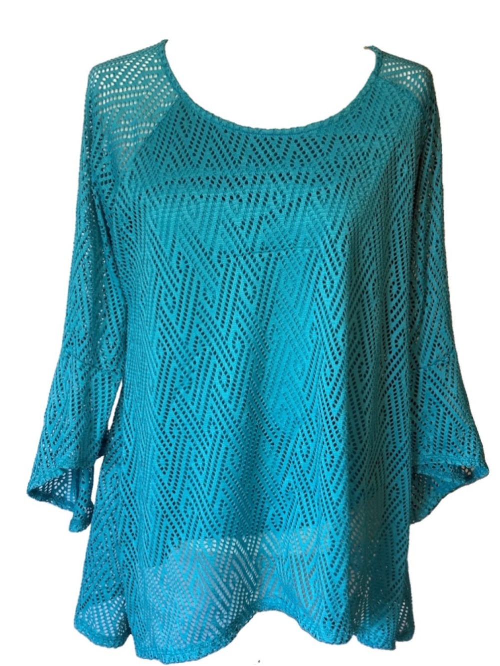 New Directions L Teal Chevron Open Knit Mesh Boho Bell Sleeve Tunic Top Shirt